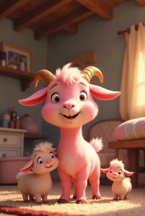 A small pink goat happy with her family at home