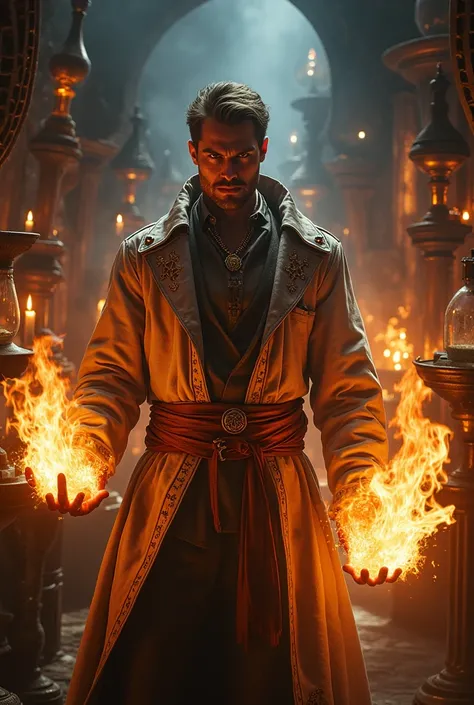 Handsome alchemist using the power of fire