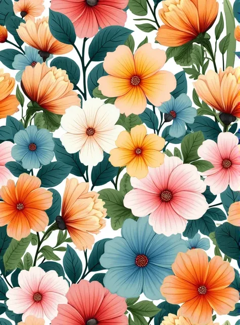 floral pattern full of details .  It presents a wide variety of flowers and leaves in different colors such as pink, yellow, blue, green, and orange, creating a vibrant and cheerful effect 