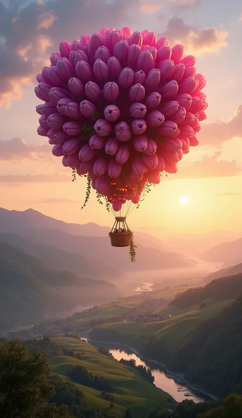 A breathtaking fantasy scene of a hot air balloon, but instead of a traditional balloon, it is made up entirely of lush, vibrant tulips in shades of deep purple and pink, resembling a giant bouquet floating in the sky. Each petal appears soft and velvety, ...