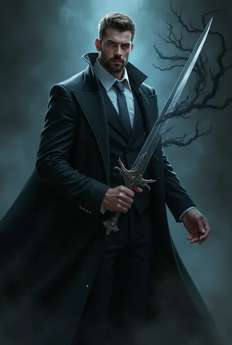 Handsome tall and strong white man with short brown hair with short beard wearing a black suit with a light blue shirt and silver tie bewitching a sword with black light magic