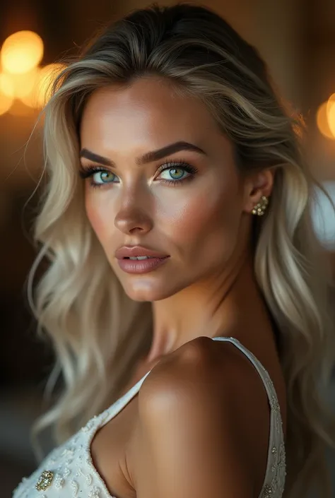 **"Create an exceptionally beautiful female model with distinct and unique facial features. She has high cheekbones, a defined jawline, and striking almond-shaped eyes with an intense gaze. Her irises have a captivating color, such as deep emerald green or...