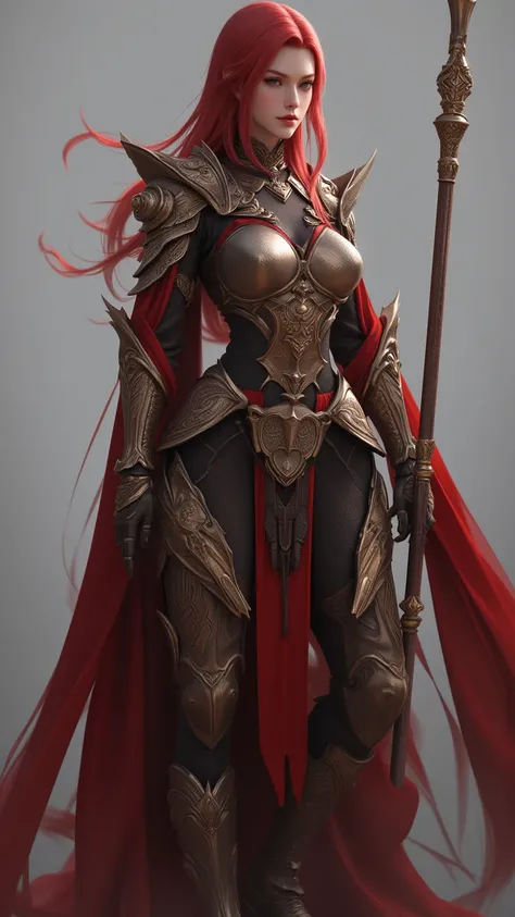  A lone female warrior ，Long hair short ，red hair， wearing intricate red armor， Holding a spear ， wearing gloves ， A piece of boutique ， quality Amazing ， detail Exquisite ， Height Detail ， Absolute resolution 。