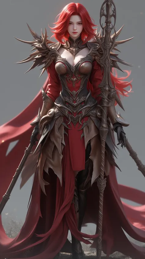  A lone female warrior ，Long hair short ，red hair， wearing intricate red armor， Holding a spear ， wearing gloves ， A piece of boutique ， quality Amazing ， detail Exquisite ， Height Detail ， Absolute resolution 。