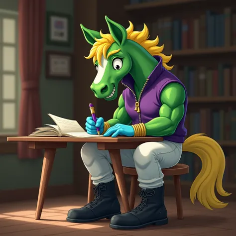 Green muscular horse, a tailless furry jock with a yellow mane in gold bracelets, wearing black boots , in white pants,  in a purple zippered sleeveless sweater, wearing blue gloves, he sits on a stool at a table in the library, writes with a pen on a shee...