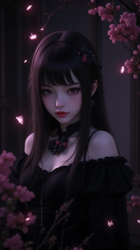  A stunning portrait of a girl ， She has black eyes in a dark room 。 Her voluminous chest is covered with blackberries ， while her ebony room is lit by twinkling fireflies 。Her hair is very dark ，very long， all embroidered with a blackberry 。 She wears a g...