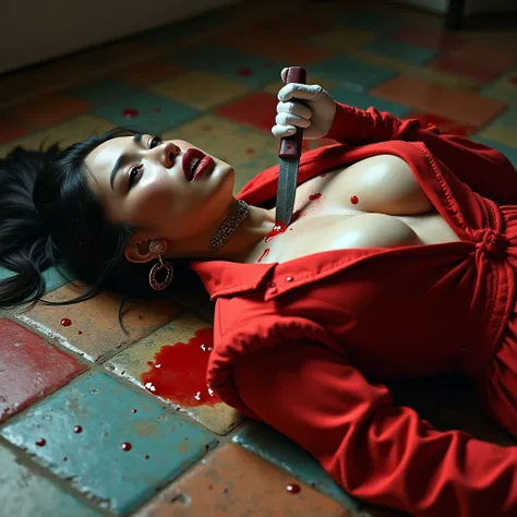 Gorgeous asian woman, with ponytail, hoop earrings, choker, huge oversized breasts that have red liquid tips dripping with clown coat that's been ripped open. She is lying on her back of funhouse tile floor. 

She has a large knife blade lodged into center...