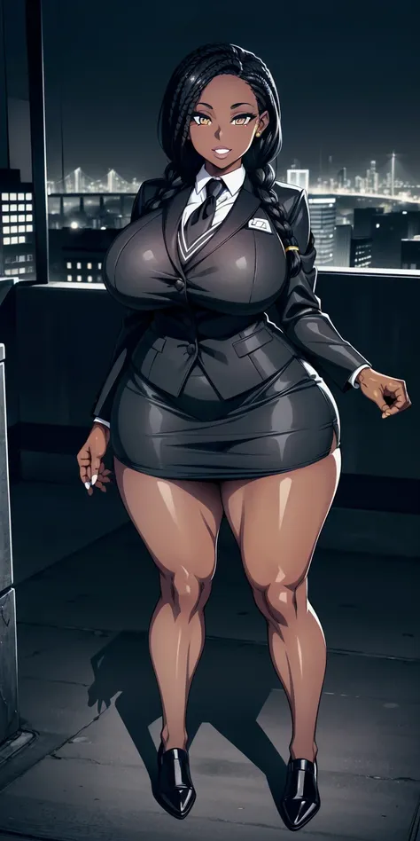 4K Quality, grinning, ((black and white business sweater and skirt)), standing up, black brazillian braids, dark skinned, thick thighs, big breasted, big ass, looking at viewer, (amber eyes), night time, full body, city background, (detailed eyes), ((full ...