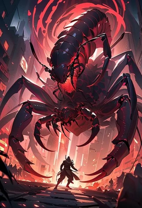 " A powerful image of a scorpion in a dark setting ,  with its claws raised ,  as if ready to attack . In the background, there is a dark city ,  with distorted shadows of people and creatures ,  symbolizing the fear and evil that many attribute to the sig...