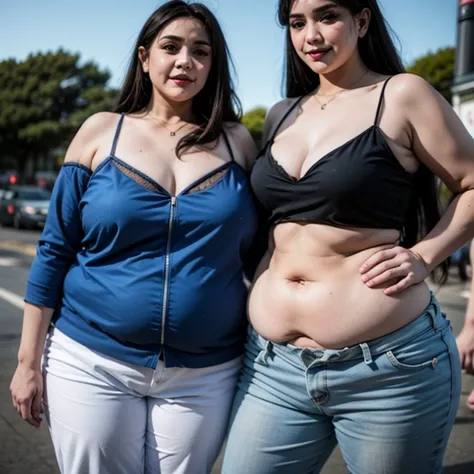 ((((bbw ))))   1girl  ,  big breasts,  big hips, small waist,  big thighs ,  Expressionless , hgsssab ,   blue hair , open shoulders ,   cleavage  ,  white pants ,  red eyes, Black Hair,  long hair ,   hair between the eyes , Sweatshirt in pink ,  white je...