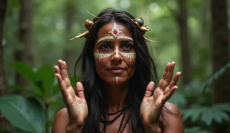 Ultra-realistic image of an indigenous woman facing the canvas with face painting in the forest with her hands in a position to send blessings