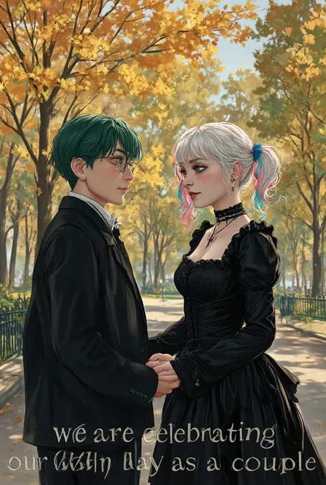 pov, side view, a day out with a goth girlfriend, she has short white hair with pink and blue pigtails, choker with crucifix pendant, glasses, black victorian dress, dark goth make-up, nose piercing, kind smile, walking together, holding hands at the city ...