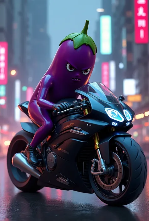 Aubergine riding a motorbike