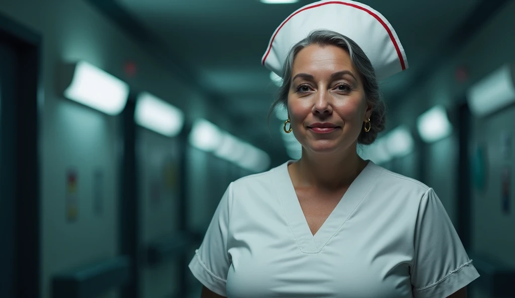 "Hyper-REALISTIC HDR Style, ultra-detailed, cinematic lighting, photorealistic rendering. A 45-year-old chubby nurse named Sarah stands in a dimly lit 
hospital hallway at night. 45-year-old chubby nurse named Sarah's cleavage shows off her H-cup breasts. ...