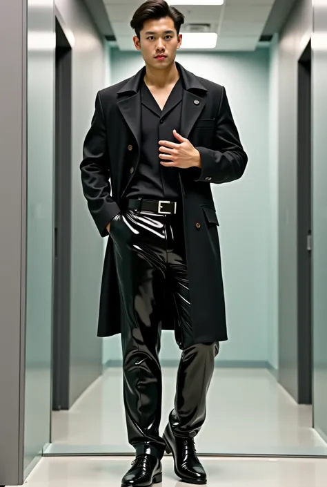 Hot ,sexy and muscle handsome Chinese dentist doctor was duty coat and shiney black pvc latex trouser with black latex belt and touch his belt and wear shiney lather shoes by standing in front of the mirror selfie 