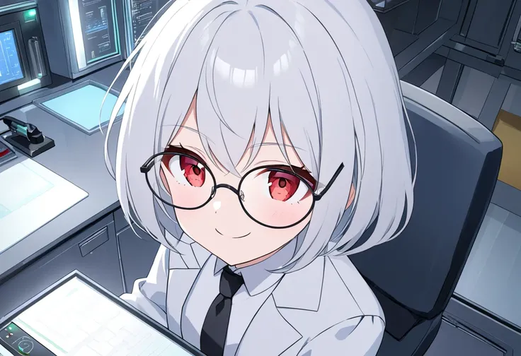 Inside a suspicious research facility in a dim, closed room illuminated by lights from above, smirking ,Long white hair and red eyes ,A small and young beautiful girl,Oversized lab coat,Windowless （ working while sitting on a chair in a laboratory on a dim...