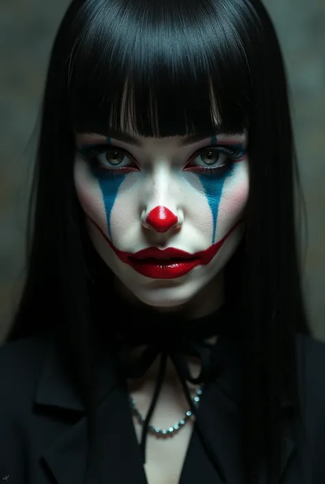 Female character with straight black hair and palette at the base of the Joker clown