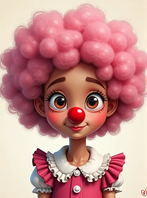 a afro girl with pink and half white hair and a red clown nose and with a ruffled collar cute cartoon style 