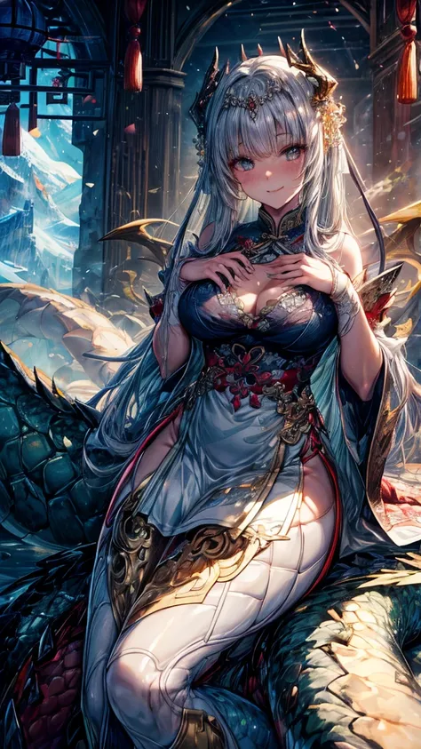 film art, Fantasy visual effects , glacier，Sitting on a Chinese Dragon Princess， Beautiful Cheeks ， discerning eye ,Bangs, White Long Hair  , Dragon Horn,Chest , Wearing a white cheongsam，Golden dragon stripe design，  shows thighs，Thigh wearing sexy white ...