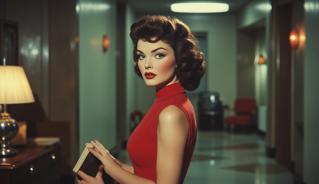 Natalie Wood ,  in a 50's dress , and a. Institute book folder in hand, In the corridors of the Institute of the 50 .