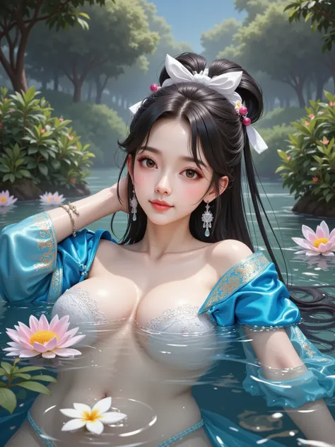 （masterpiece，super detailed，HD details，highly detailed art）1 girl lying in the water，alone，Wet clothes，messy hair，Smile，hot spring water，water vapor，bare shoulders, petal，Clear water，hanfu，Ripples in the water，Highly detailed character designs from East As...