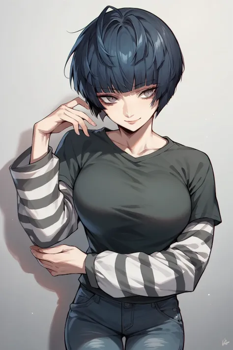 1 girl, solo, black short sleeve t-shirt, layered sleeves, white long sleeves, jeans, Tae Takemi, dark blue hair, grey eyes, black t-shirt over white long sleeves, large breasts, confident smile, striped sleeves, black and white stripes