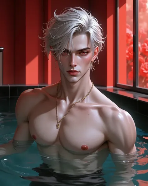  Platinum blond guy,haircut with transition ,v-shaped face,scarlet eyes, mischievous look  , dark eyebrows frown,guy in black shorts in the waist-high pool, red walls  ,black floor swimming pool with red lighting panoramic window