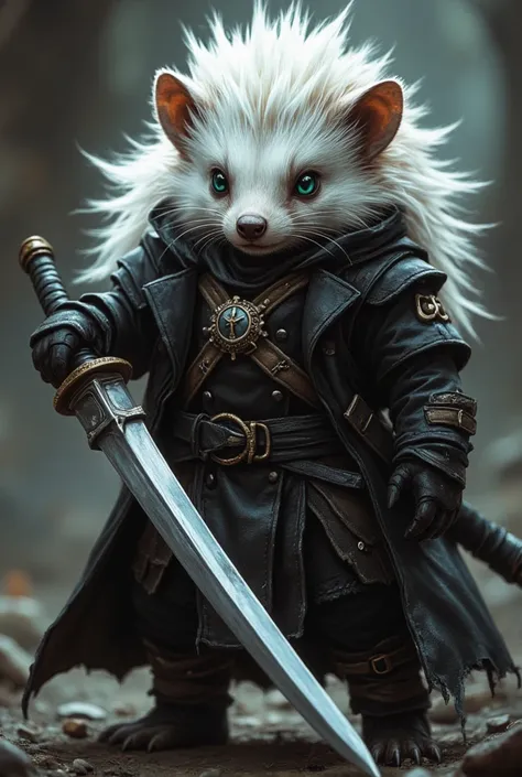 hedgehog dressed like sephiroth from final fantasy 7,Holds katana with a very long blade, long white hair, wears a black leather trench coat , who is buttoned up at hip height .  His chest is exposed and is cross-strapped by two leather straps. Leader Hose...