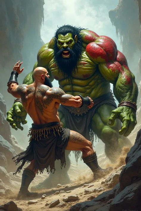 Create in dnd style: A bald warrior with a big beard, muscular and with black tattoos fighting an ogre the same size as the man, with green skin and red tattoos, They are fighting with the fists