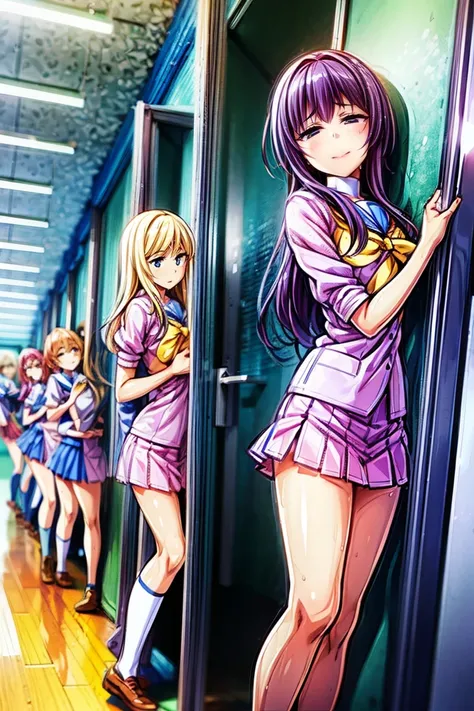 anime screencap, anime coloring, many girls, multiple grirs, from below, both side shot, dutch angle, a school hallway floor between girls is lined up in two vertical rows,、 school uniform、Everyone looks the same、Meet and greet、 looking over here、Stand by ...