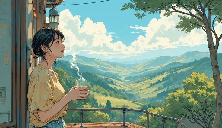 a girl standing on a balcony with a cup of coffee, smile, cgsociety 9, chillhop, alena aenami and artgerm, makoto shinkai and artgerm, lofi girl aesthetic, anime scenery, makoto shinkai and (cain kuga), lofi aesthetic, anime landscape, anime nature, roof b...