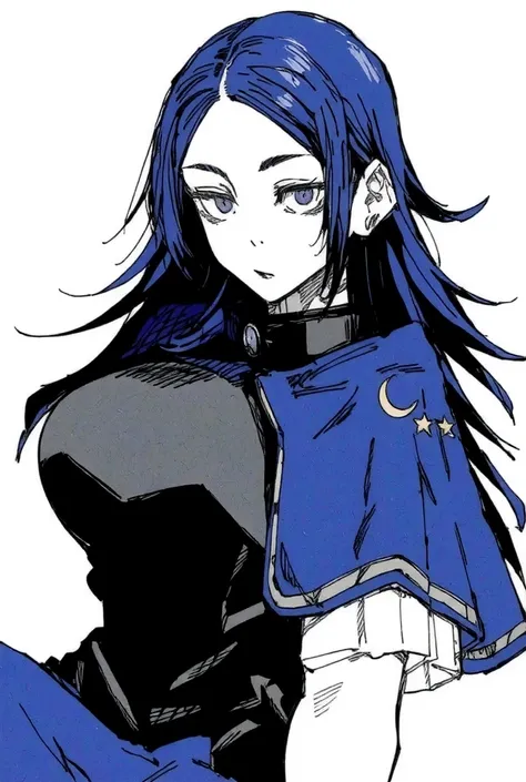 appearance:

 Hoshiko has dark blue hair with silver locks ,  loose and slightly wavy ,  reaching down the middle of its back .  Her eyes are bright violet , almost hypnotic, with a faint mystical glow .  Her skin is pale and has a crescent moon mark under...