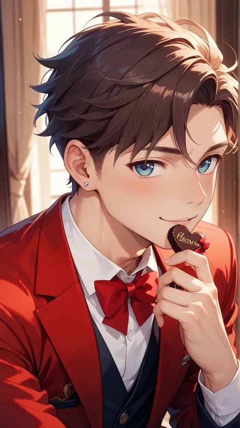 1 male、 valentine、Red Suit、sweet、 cute、 heart、 Chocolates、指で heart