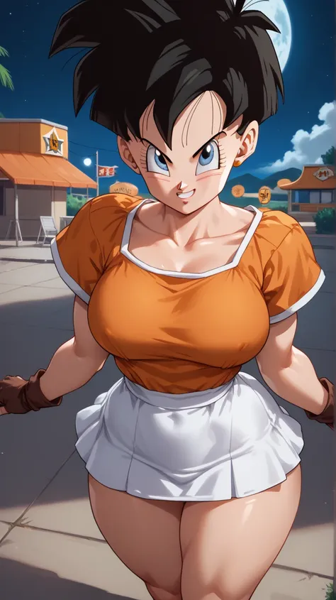 score_9, score_8_up, score_7_up, 1girl, solo, Videl (Dragon Ball Z), smile, red frock dress, micro dress, sexy pose, sexy body, large breasts ((bust ratio: 86DD)), flat andomen, small hips, big thick ass, thick thighs, thick legs, from above, standing, Jap...