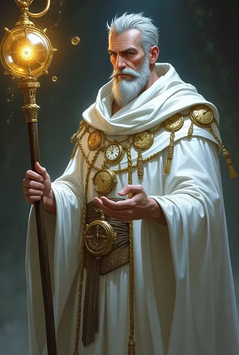  — Capable of manipulating time flow on small scales ,  slowing down enemies or accelerating his own movements .  Kalir is a middle-aged man with a short gray beard .  Wears a white robe with floating clocks attached to gold chains .  His eyes shine with a...