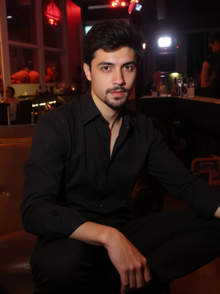 a young handsome turkish guy with muscle,  dark short hair and goatee beard he wearing a black blouse with reverse collar sleeves up  and a black suit pants location is club  amateur photo random picture blouse in pants he siting and focus with girl