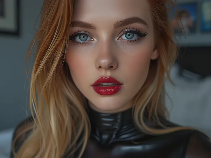 deep red lips, lip gloss, shiny lips, eyeliner flicks, thick eyeliner, latex outfit, cute makeup, red hair, blue eyes, bedroom