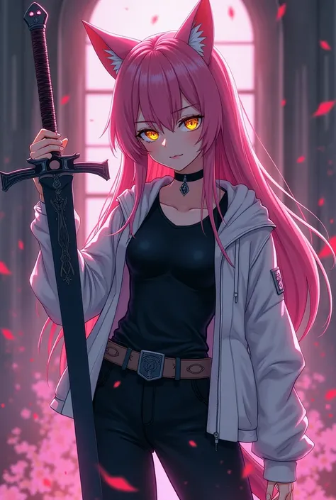 ( top quality,  thong,  official art ,  full body,  Beautiful and aesthetic:1.2)  a werewolf girl anime,  Clear skin,  pink hair,  golden eyes, white jacket,  black t-shirt,  black pants, Serious and cold expression , wielding a heavy sword.
