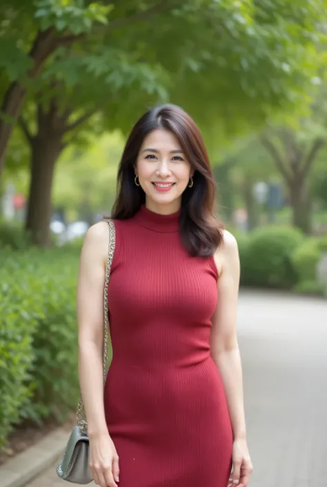 Beautiful middle-aged woman standing in a park (48 years old: 1.4),  wavy dark hair ,Slender and long legs, fine laugh lines: 1.2, and a bewitching smile .   。 sharp facial details  ,  amazing beauty (Ultimate beauty),  It features 、 (lipstick: 1.1), ( eye...