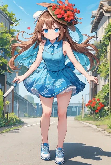 1 girl,   long hair, (  Brown hair1 .2), ( blue hair0 .6),  blue eyes,  pretty face,   looking at the camera,  (( big red flower on the head)), gorra white with blue, ((gorra white)), [[blue cap]]   blue dress   ((  blue shirt )), [[  white ]], heart type ...