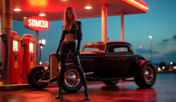 realistic photo , fetish woman standing , wearing shinny pvc pants , shinny pvc basque , shinny pvc biker jacket , wearing shinny pvc thigh high boots , shinny pvc long gloves , in american gas station at dusk with ford 32 sedan hot rod
