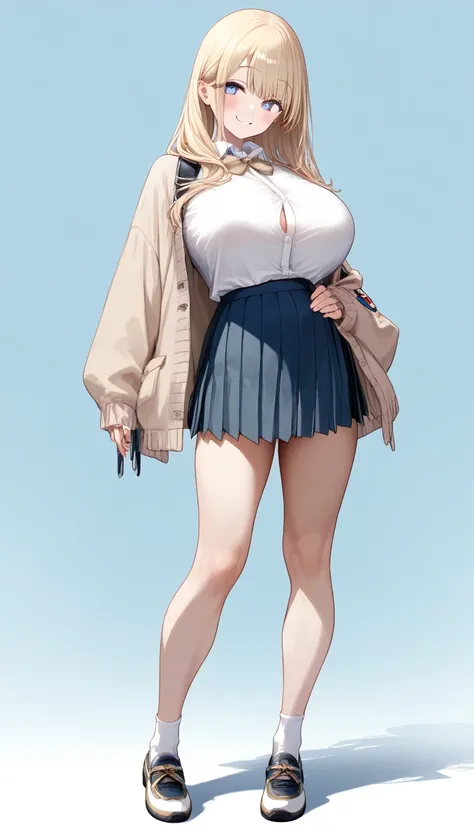 score_9_up score_8_up score_7_up, source_anime,character portrait,perfect face, high detailed eyes, ultra detailed, textured skin, 1Japanese girl with long blonde hair,smile,blush,height 160 cm,large breasts,slender body,beige cardigan ,wearing a white shi...