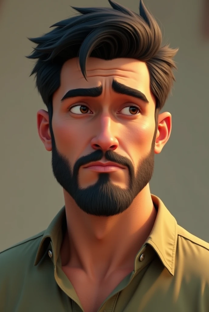 Pixar style serious dark brown adult man with thick eyebrows brown eles with short black hair beard done big forehead wearing a beige green shirt