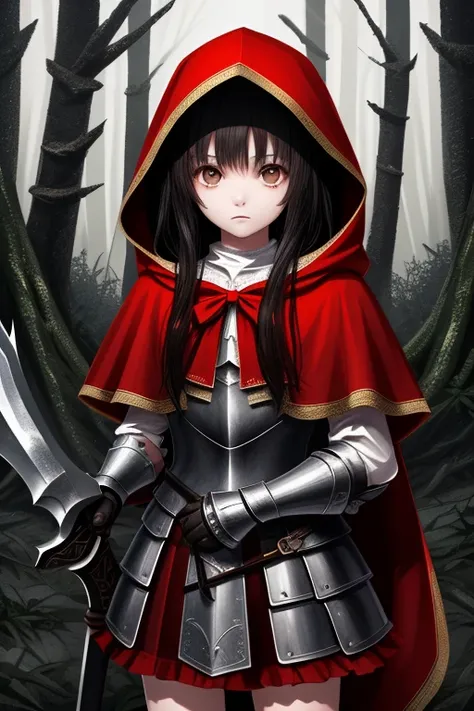  top quality,   ultra high resolution、(( girl)), I have a big axe、 semi-long black hair, brown eyes, Little Red Riding Hood, red and white costume that looks like armor、Desolate Forest ,