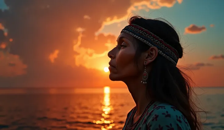 ultra realistic image of an indigenous woman facing the screen with eyes closed and feeling of peace