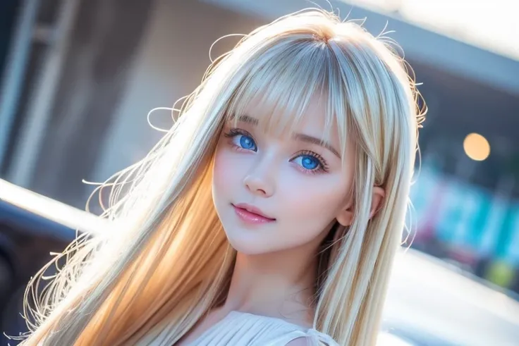  sexy  with dazzling shiny blond hair、 the cutest baby face in the world 、Bangs dancing in front of a pretty face 、 long silky bangs covering the eyes 、beautiful extremely bright light blue eyes with a very bright pale baby blue、Very big bright eyes、 Super...