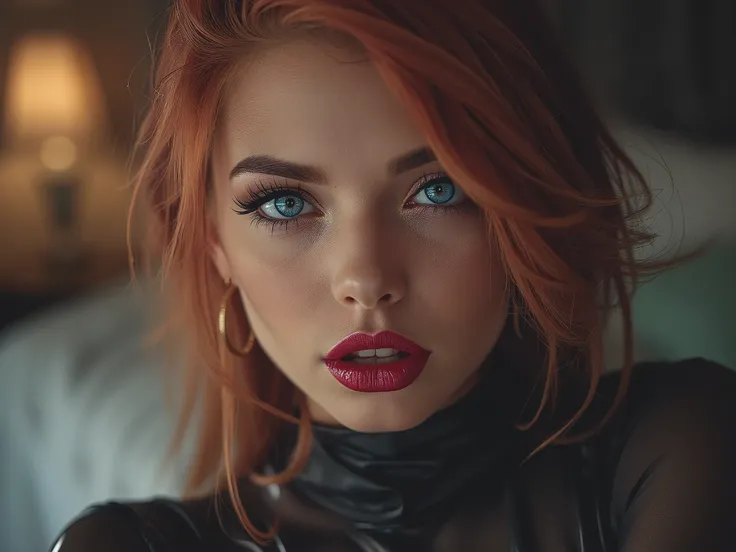 deep red lips, lip gloss, shiny lips, eyeliner flicks, thick eyeliner, latex outfit, cute makeup, red hair, blue eyes, bedroom