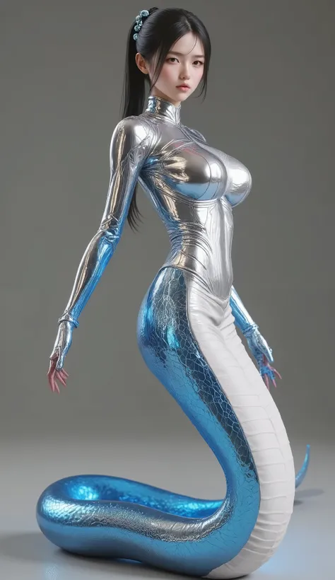 A Snake Woman made of liquid mercury, inspired by cyberpunk aesthetics, featuring a reflective surface in chrome silver and metallic neon blue. Rendered in an ultra-realistic, high-quality style with intricate details and smooth, fluid textures, evoking a ...