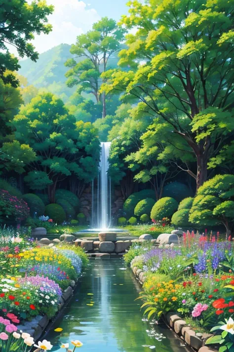 Fantastic, beautiful, bright colors, bright light, flower garden, glowing, beautiful atmosphere, wonderful, painting style, baptism,  no one, nothing, uninhabited, land of Canaan, Garden of Ede, Japanese style