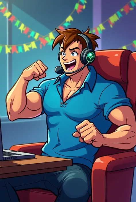  Ben 10 style cartoon , Ben muscular with blue polo shirt with unbuttoned V-shaped buttons,  sitting on a chair, streamer, with headphones and headphone microphone, punching the table and laughing